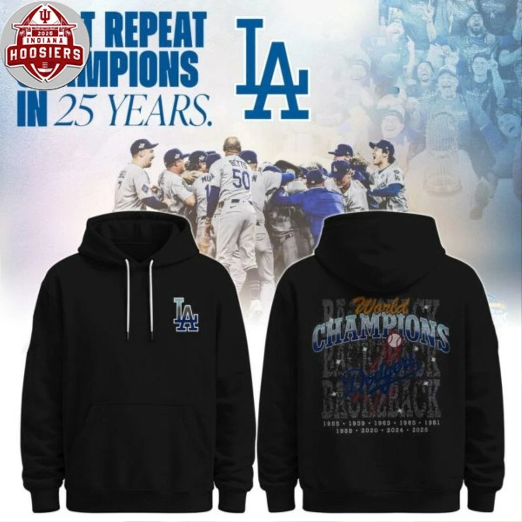 Los Angeles Dodgers Back-to-Back World Champions First Repeat Champions In 25 Years Logo Two Sided T-Shirt