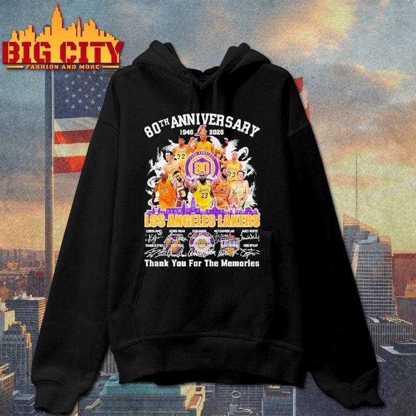 Los Angeles Lakers 80th Anniversary 1946-2026 Skyline Signatures Thank You For The Memories Shirt
