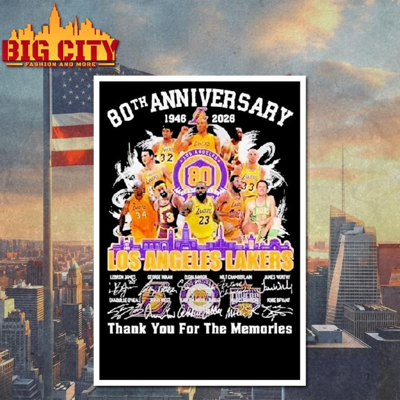 Los Angeles Lakers 80th Anniversary 1946-2026 Skyline Signatures Thank You For The Memories Shirt
