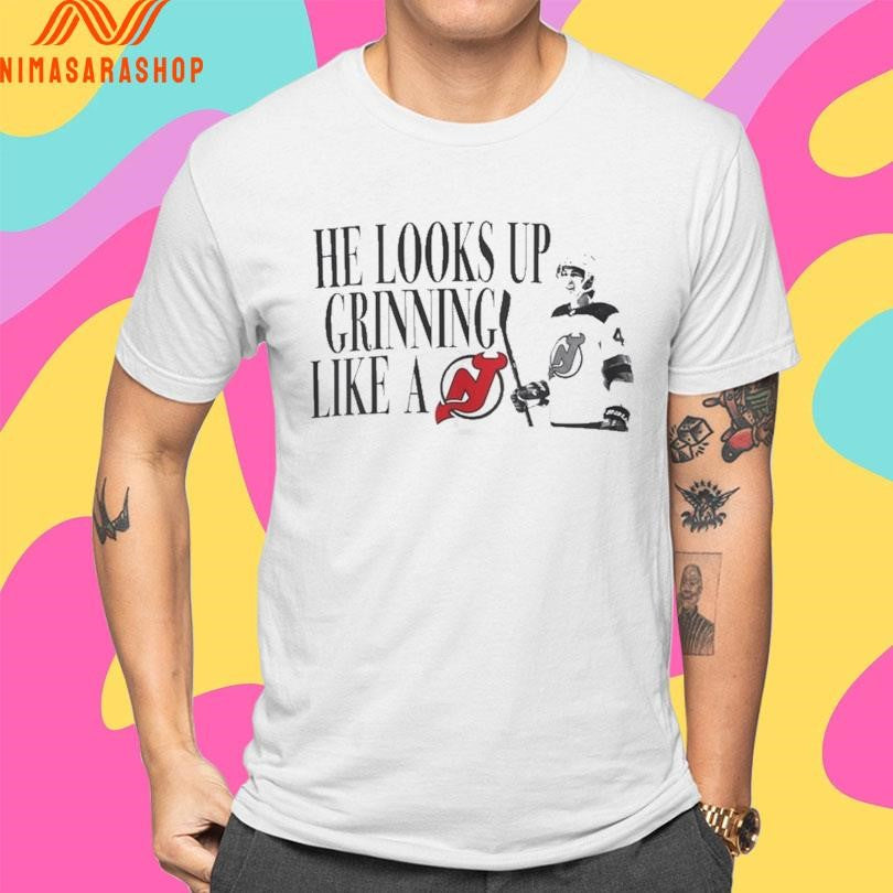 Luke Hughes He Looks Up Grinning Like A Devil New Jersey Devils Hockey Boy Shirts