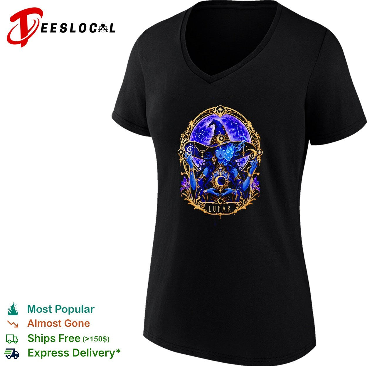 Lunar mystical witch moon goddess gold and purple illustration graphic shirt
