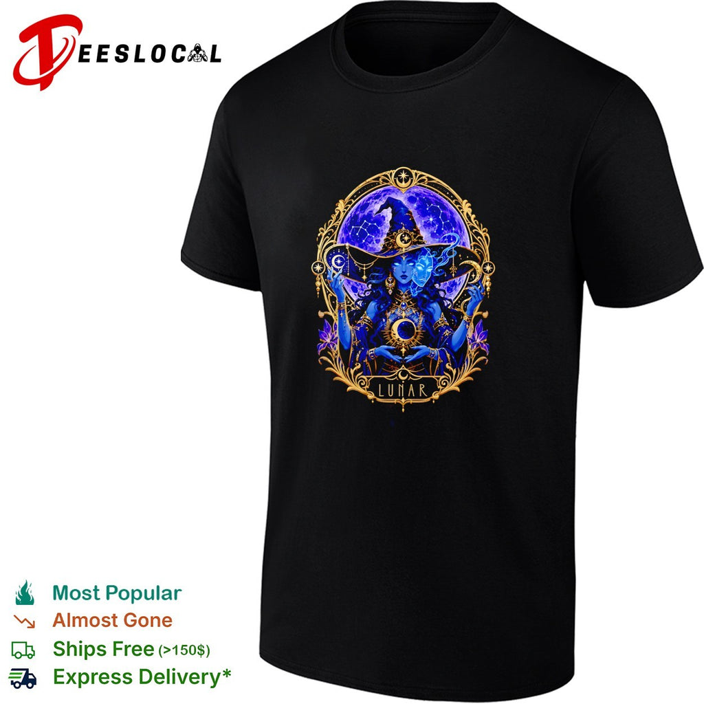 Lunar mystical witch moon goddess gold and purple illustration graphic shirt