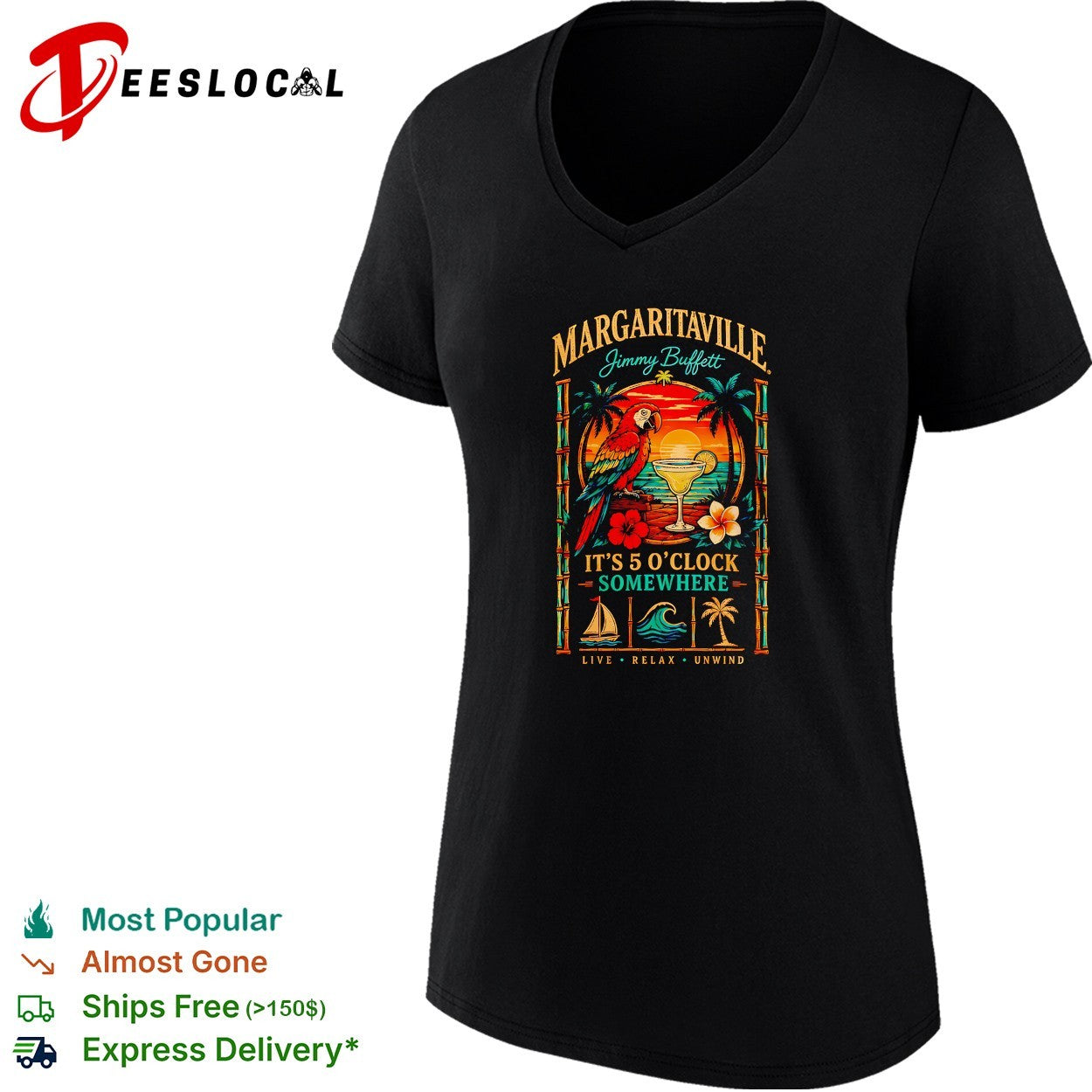 Margaritaville Jimmy Buffett parrot cocktail it’s 5 o’clock somewhere tropical beach shirt