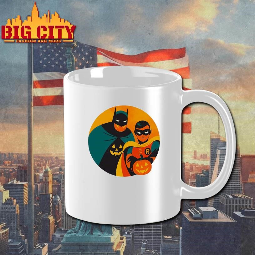 Masked Superhero Duo With Halloween Pumpkins On Orange Background Shirt
