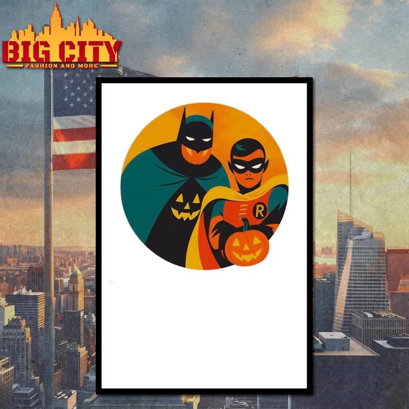 Masked Superhero Duo With Halloween Pumpkins On Orange Background Shirt