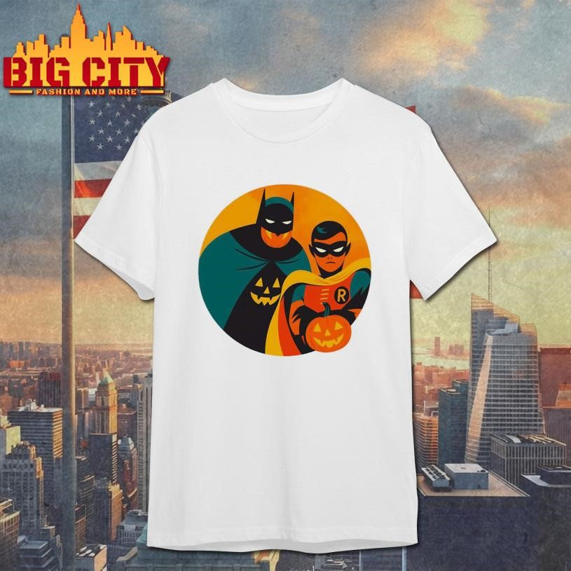 Masked Superhero Duo With Halloween Pumpkins On Orange Background Shirt