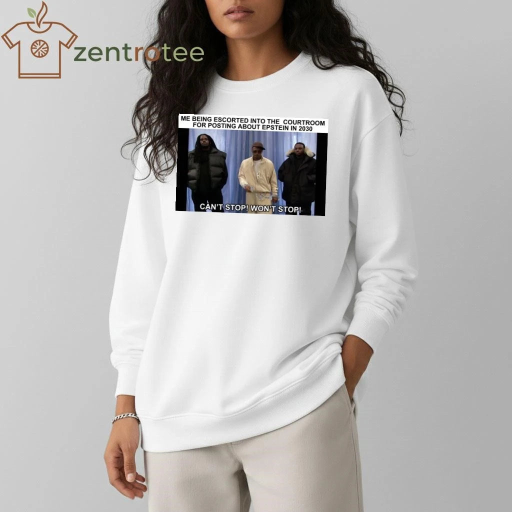 Me being escorted into the courtroom for posting about Epstein in 2030 tee