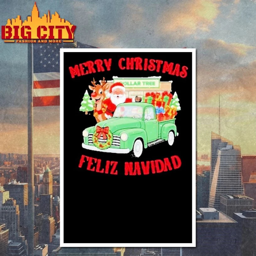 Merry Christmas Feliz Navidad Dollar Tree Vintage Truck Santa Shirt