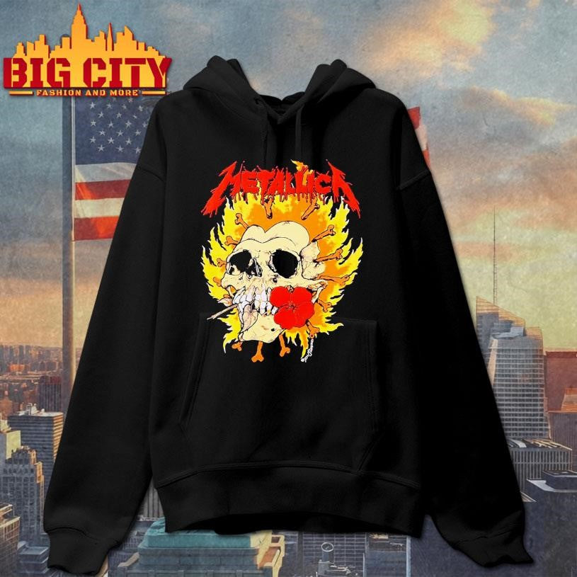 Metallica Flaming Skull &amp; Flower Puff Paint Shirt