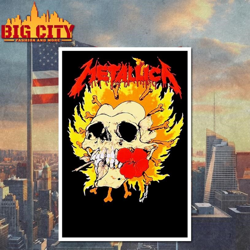 Metallica Flaming Skull &amp; Flower Puff Paint Shirt