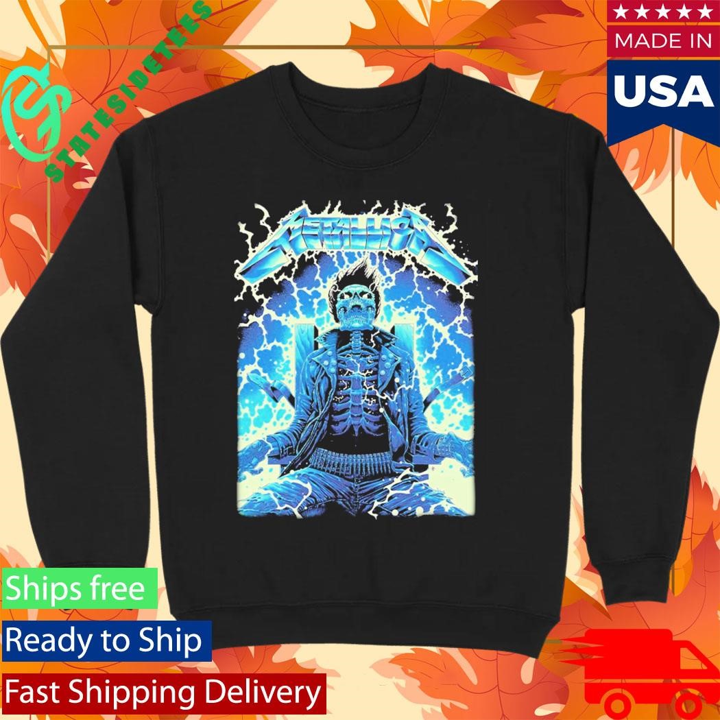 Metallica Ride The Lightning Artwork By Luke Preece Australia M72 Tour Exclusive Art Skeleton On The Electric Chair Two Sided Shirt