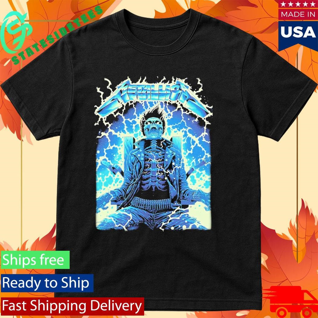 Metallica Ride The Lightning Artwork By Luke Preece Australia M72 Tour Exclusive Art Skeleton On The Electric Chair Two Sided Shirt