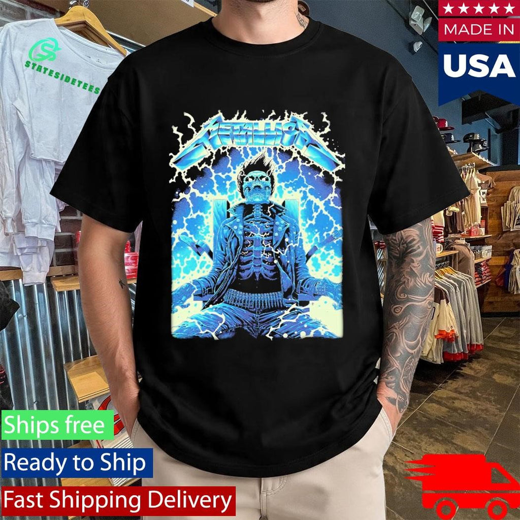 Metallica Ride The Lightning Artwork By Luke Preece Australia M72 Tour Exclusive Art Skeleton On The Electric Chair Two Sided Shirt