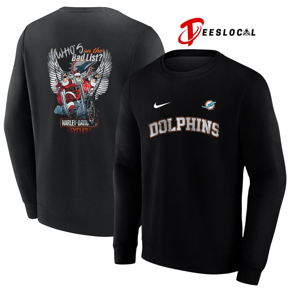 Miami Dolphins x Harley Davidson Santa Claus who’s on the bad list graphic shirt