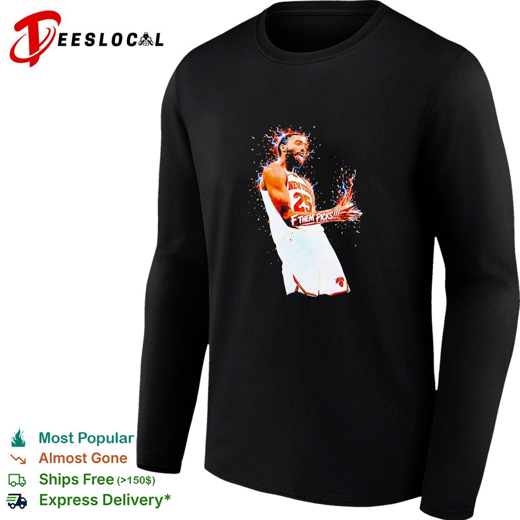 Mikal Bridges New York Knicks number 25 f them picks fiery celebration graphic shirt