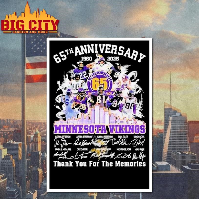Minnesota Vikings 65th Anniversary 1960-2025 Skyline Signatures Thank You For The Memories Shirt