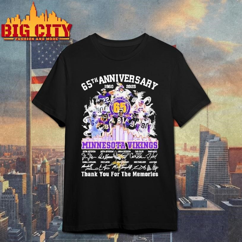 Minnesota Vikings 65th Anniversary 1960-2025 Skyline Signatures Thank You For The Memories Shirt