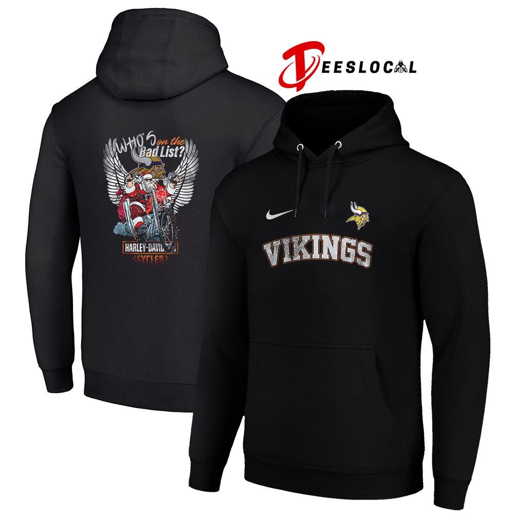 Minnesota Vikings x Harley Davidson Santa Claus who’s on the bad list graphic shirt