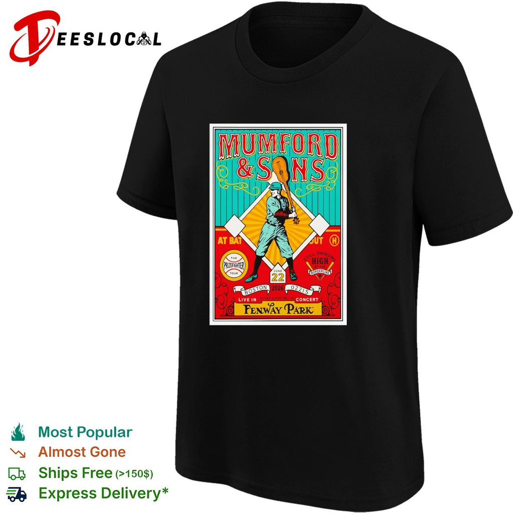 Mumford and Sons player swinging guitar bat Fenway Park Boston shirt