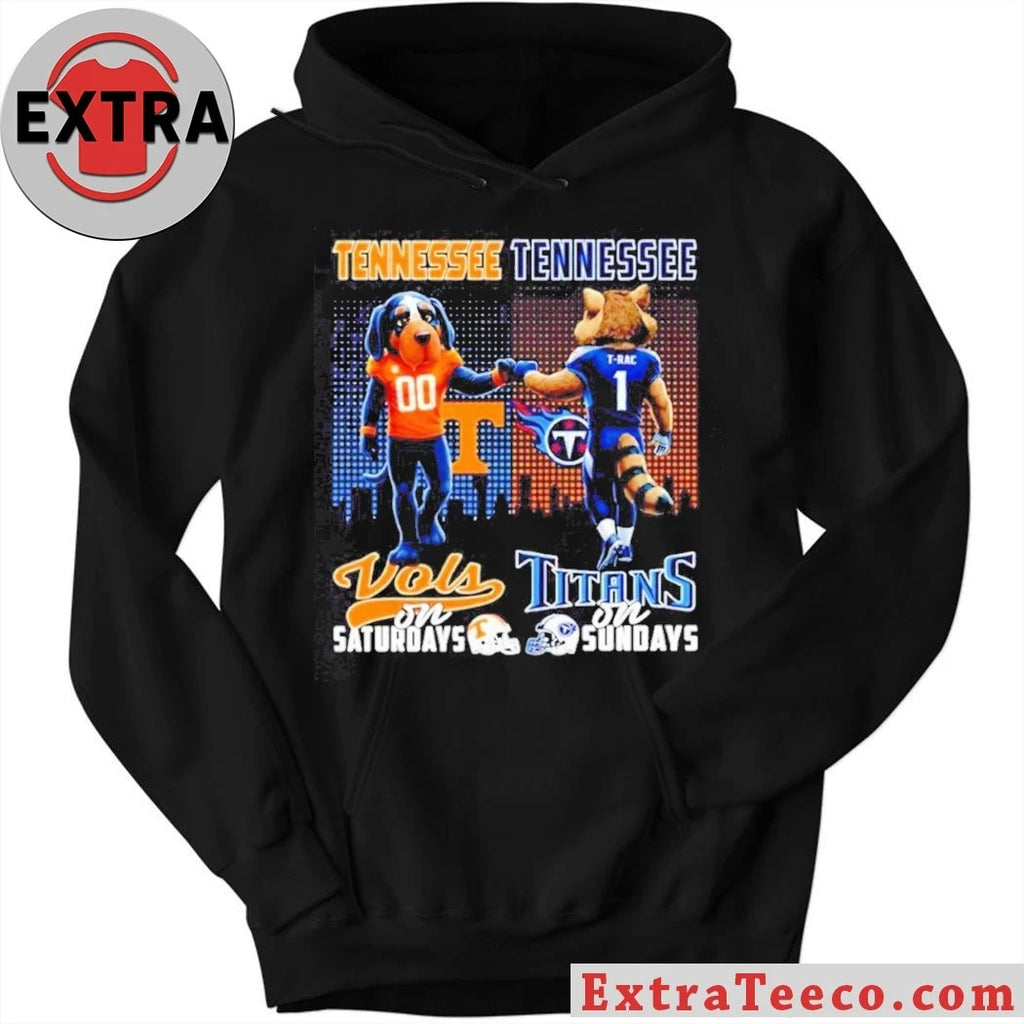 NCAA Tennessee Volunteers On Saturdays and Tennessee Titans On Sundays Mascot Smokey the dog and T-Rac the raccoon City Skyline T-Shirt