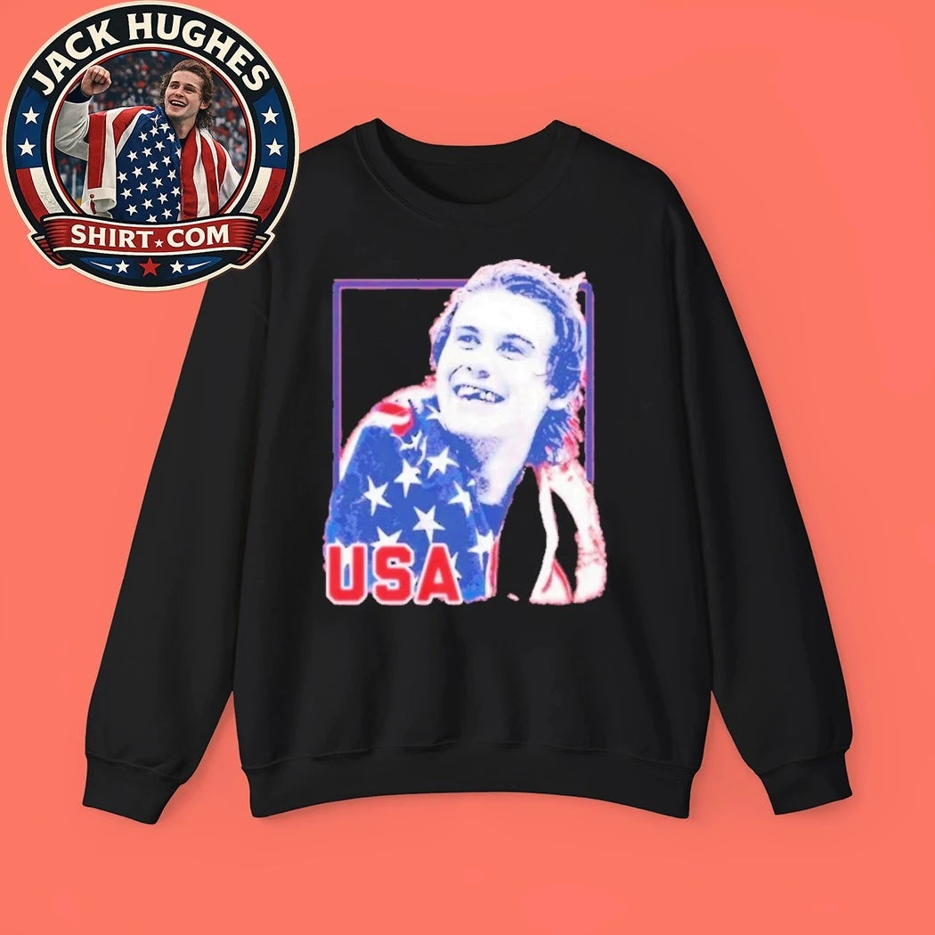 NHL star Jack Hughes is celebrating his gold medal victory at the 2026 Olympics with Team USA Shirt