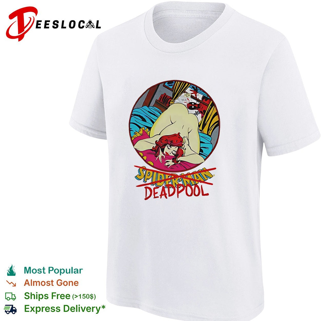 Naughty Spiderman ass up Deapool peeking funny shirt