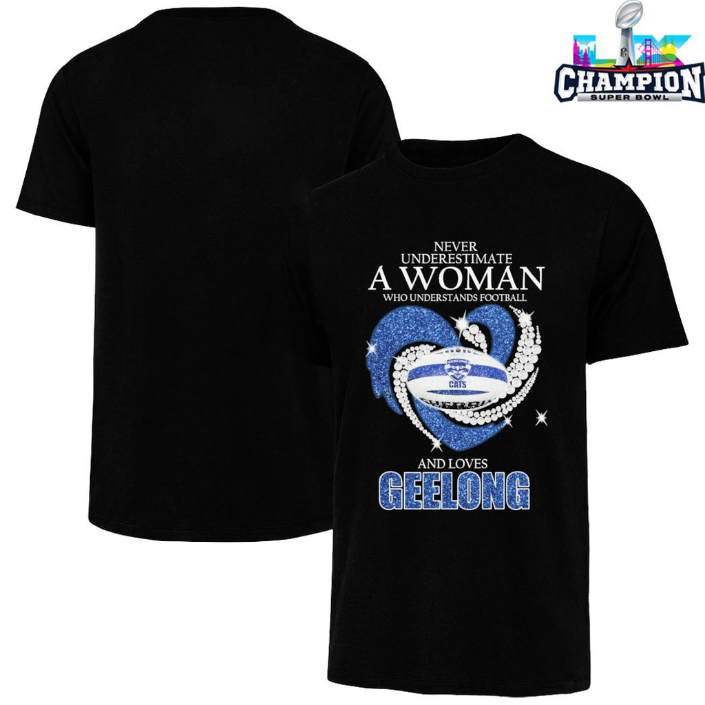 Never Underestimate A Woman Who Understands Football And Loves Geelong Cats Diamond Heart T-shirts