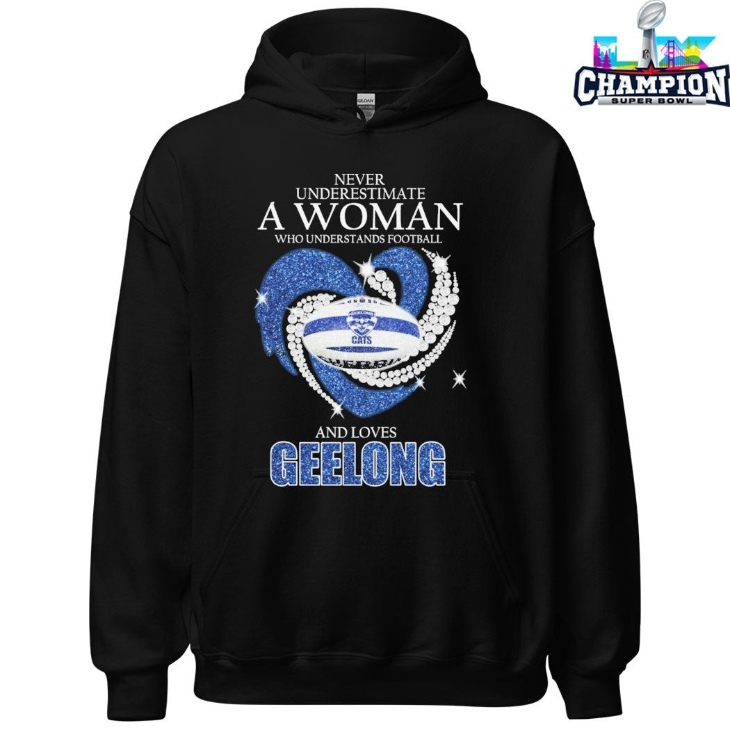 Never Underestimate A Woman Who Understands Football And Loves Geelong Cats Diamond Heart T-shirts