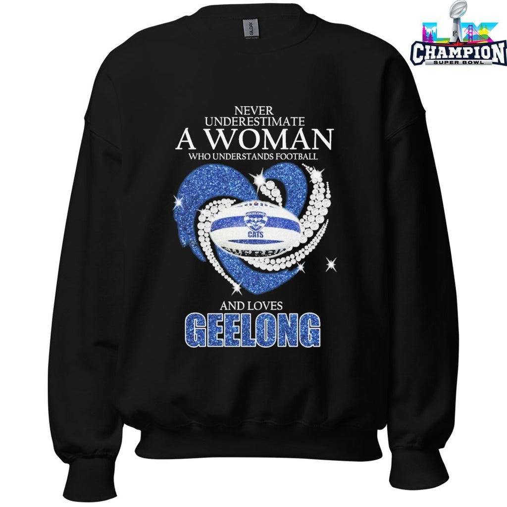 Never Underestimate A Woman Who Understands Football And Loves Geelong Cats Diamond Heart T-shirts