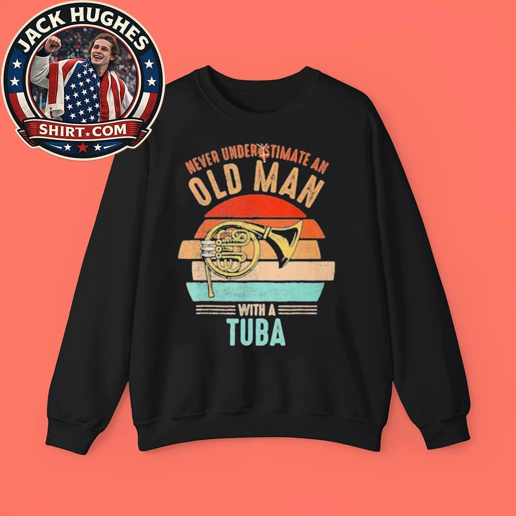 Never Underestimate An Old Man With A Tuba Retro Sunset Musician Father Day Gift Shirt