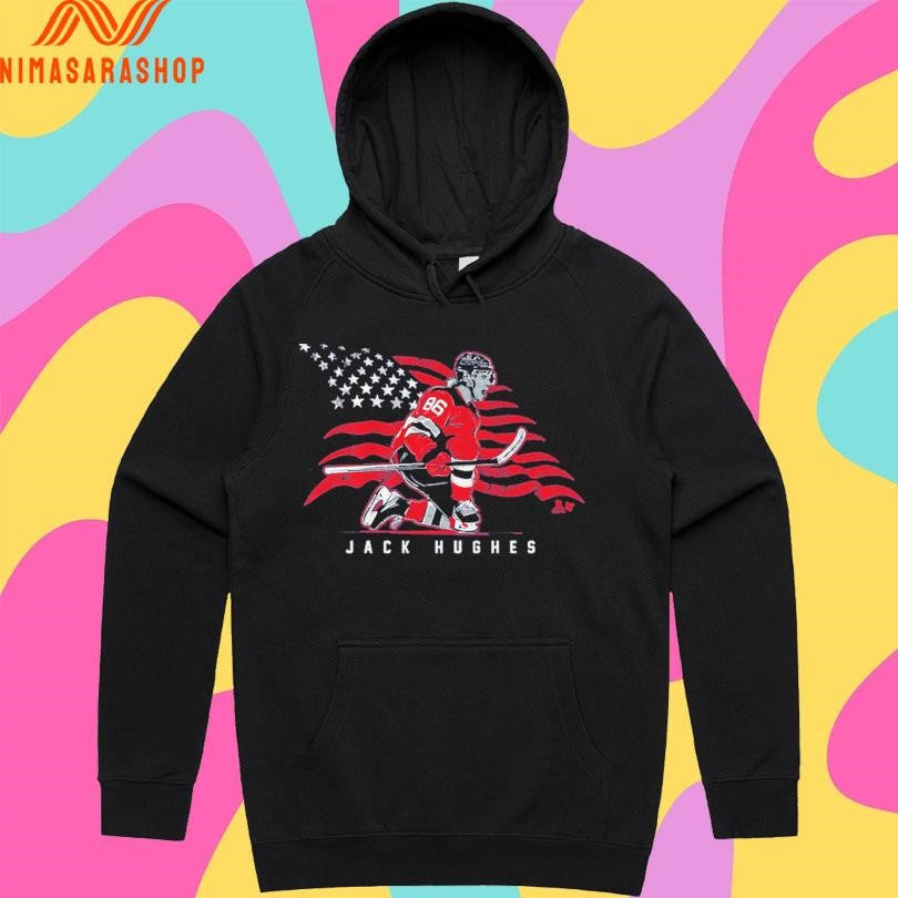 New Jersey Devils Jack Hughes Stars And Stripes Superstar Pose Shirts