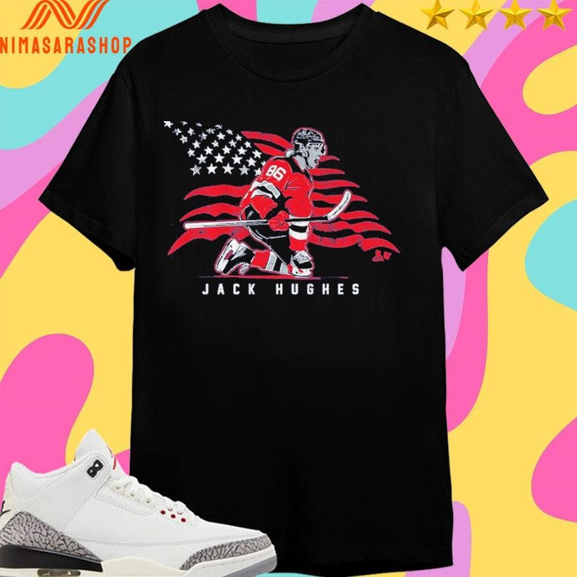 New Jersey Devils Jack Hughes Stars And Stripes Superstar Pose Shirts