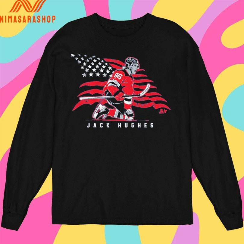 New Jersey Devils Jack Hughes Stars And Stripes Superstar Pose Shirts