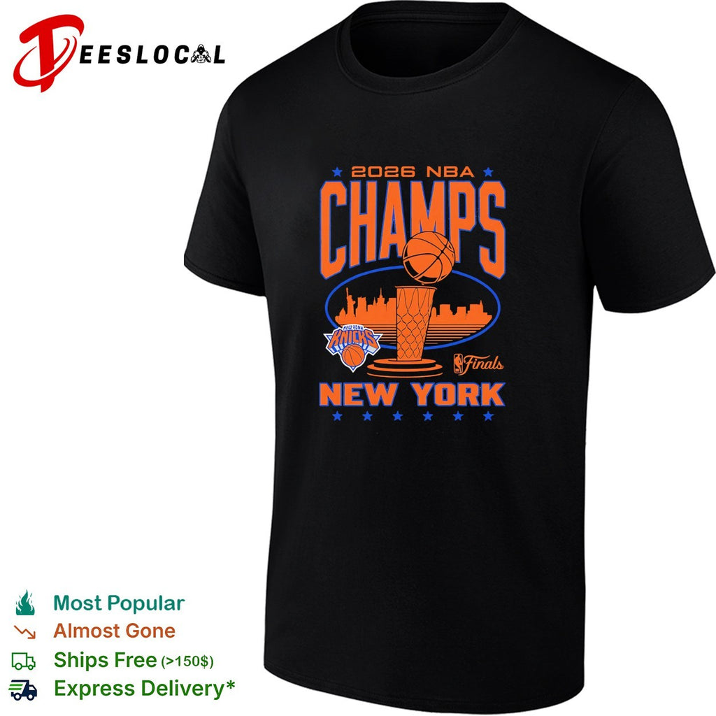 New York Knicks 2026 NBA Champs trophy basketball hoop NYC skyline fan art shirt