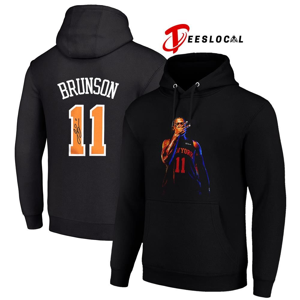 New York Knicks Jalen Brunson 11 name and number pose shirt