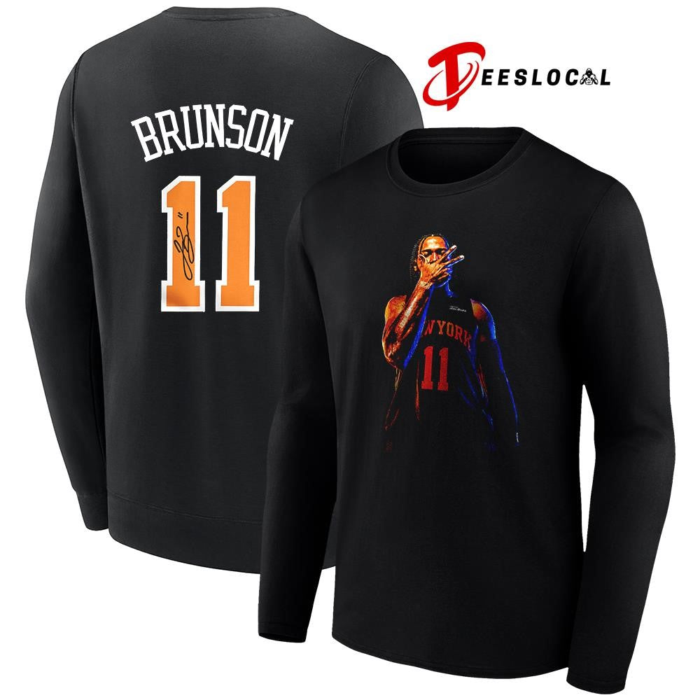 New York Knicks Jalen Brunson 11 name and number pose shirt