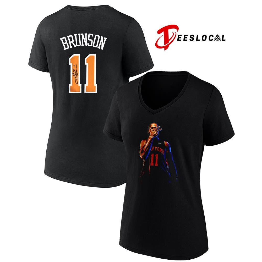 New York Knicks Jalen Brunson 11 name and number pose shirt