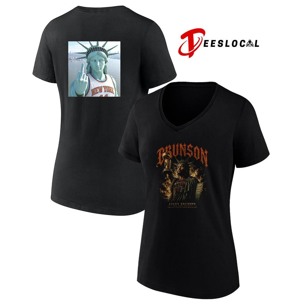 New York Knicks Jalen Brunson Statue of Liberty the city never stops believing middle finger shirt
