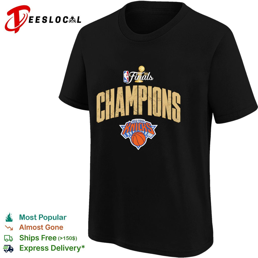 New York Knicks NBA Finals 2026 Champions bold arch trophy triumphant text shirt