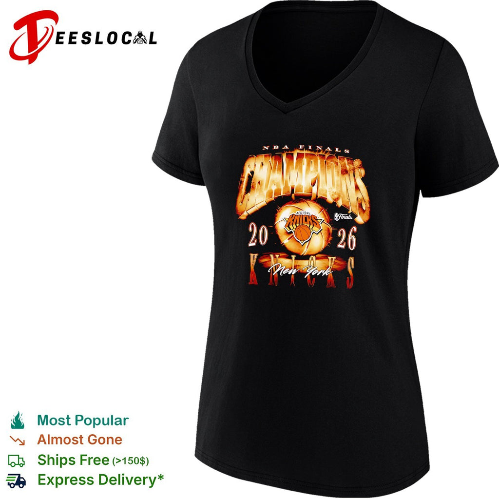 New York Knicks NBA Finals Champions 2026 bold arch text basketball burst shirt
