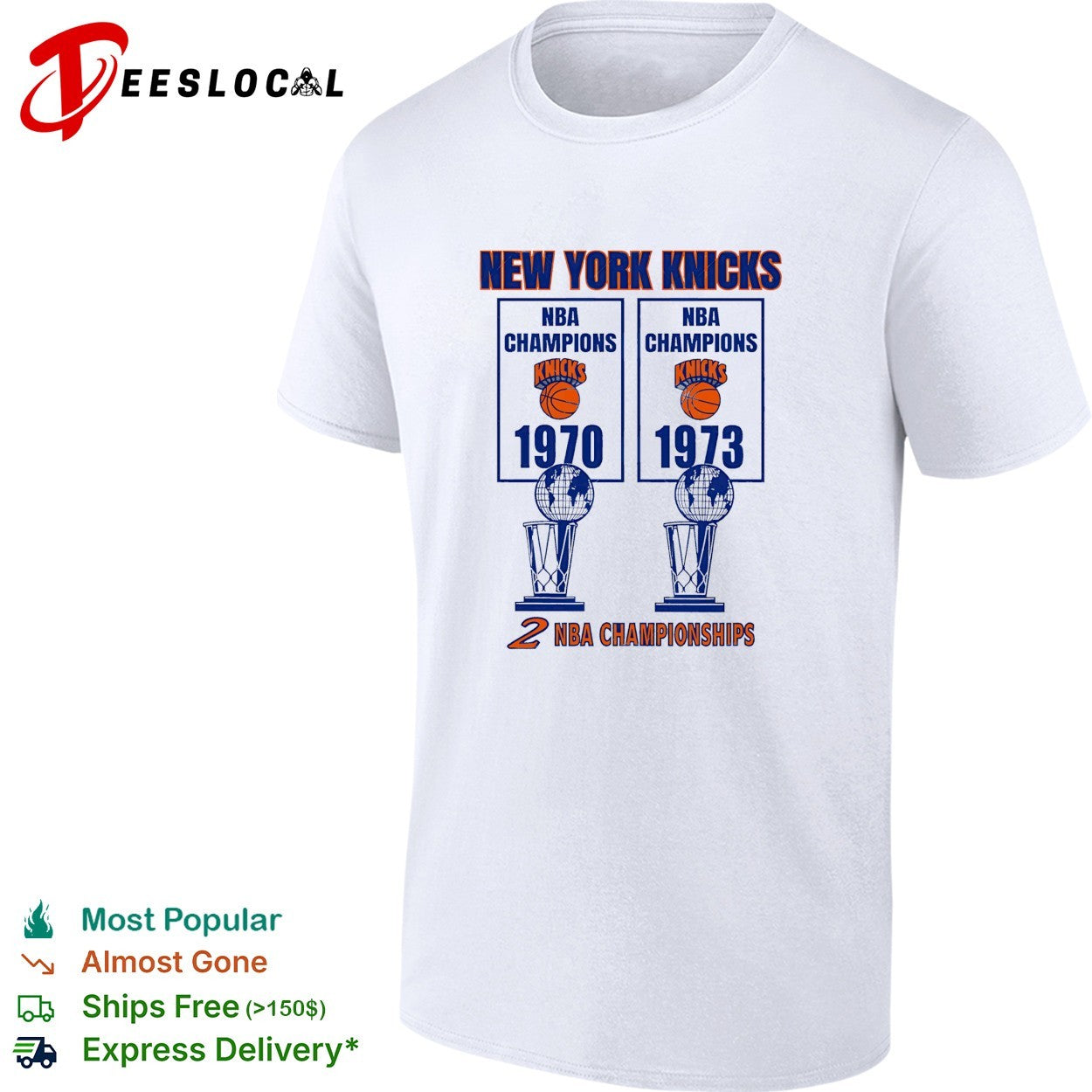 New York Knicks NBA champions 1970 and 1973 two championships banner shirt