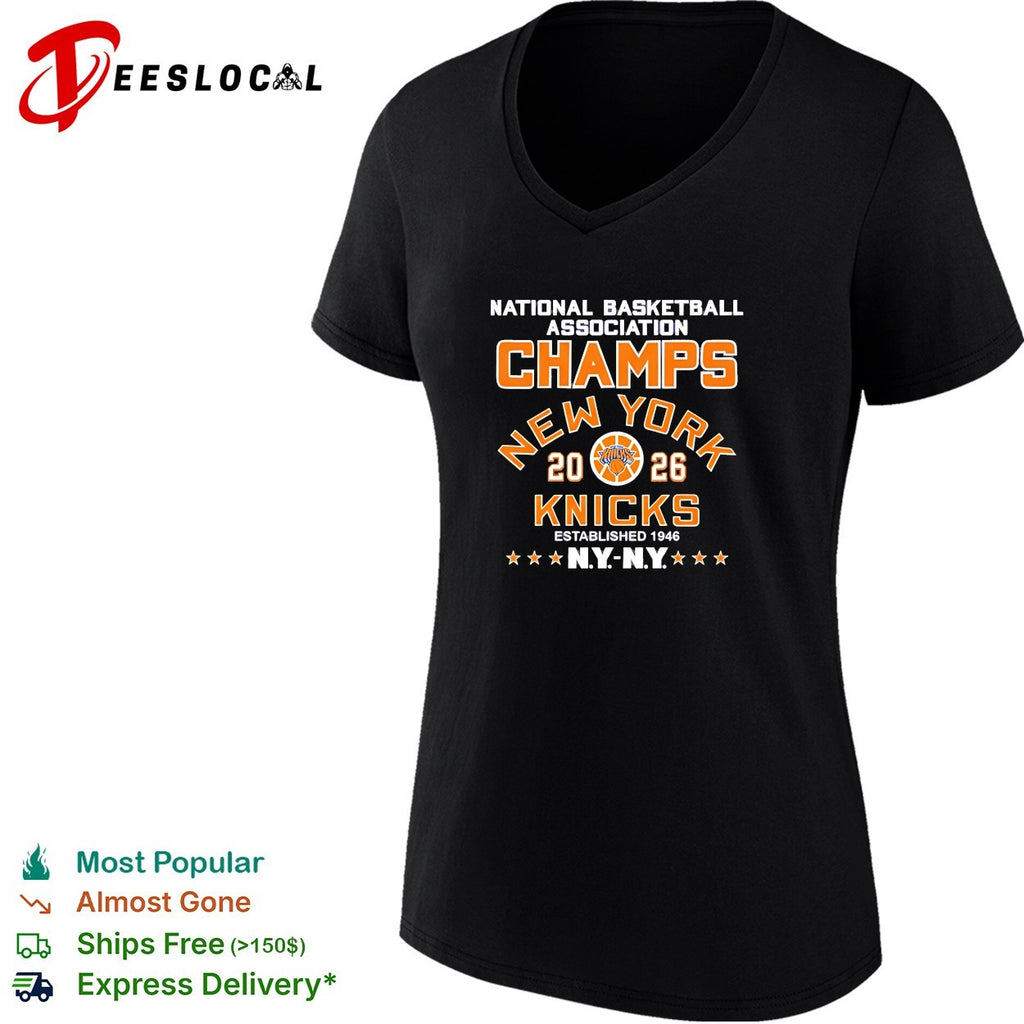 New York Knicks National Basketball Association champs starred established 1946 arched badge shirt