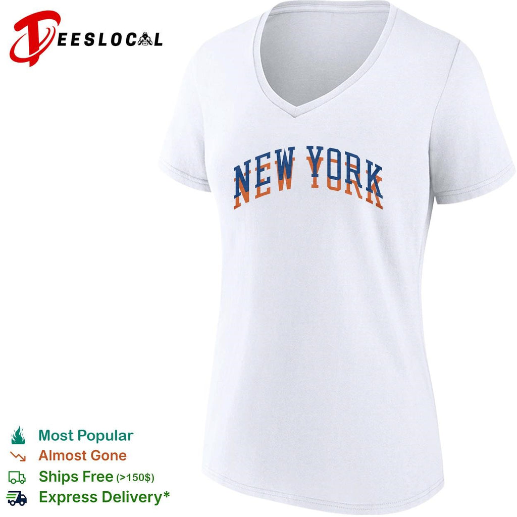 New York Knicks arch text logo blue orange graphic shirt