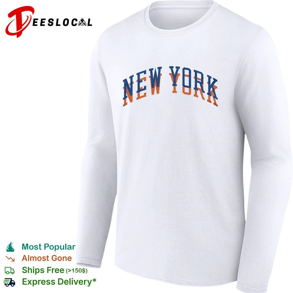 New York Knicks arch text logo blue orange graphic shirt