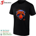 New York Knicks basketball orange lightning bolt logo bold graphic tee shirt