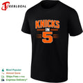 New York Knicks in 5 bold orange typography dark shirt