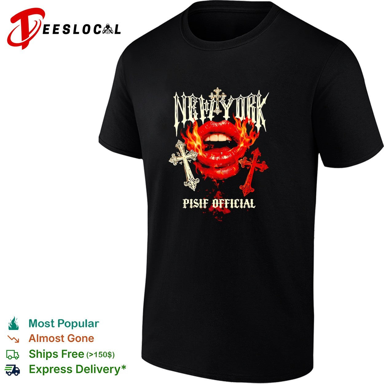 New York Pisif Official fire lips cross skull shirt