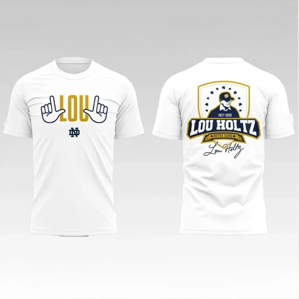 Nice 2026 Notre Dame Football Lou Holtz The Fighting Irish 2026 Notre Dame Football Lou Holtz 1937 – 2026 Signature Logo Two Sided Shirt