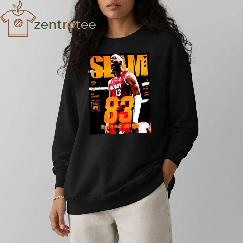 Nice Bam Adebayo Miami Heat On The Cover Of Slam 261 83 Points Forever Stamped In History Orange Metal tee