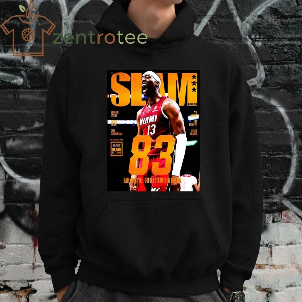 Nice Bam Adebayo Miami Heat On The Cover Of Slam 261 83 Points Forever Stamped In History Orange Metal tee